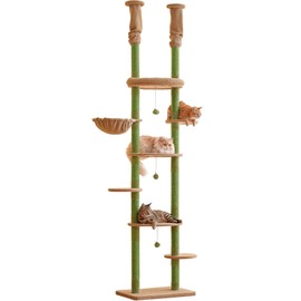 Furcato Cat Tree, Floor to Ceiling Cat Tower Adjustable Height [92-102 Inches=234-258cm], 7 Tiers Cat Climbing Tree with Hammock,Platforms and Sisal-Covered Scratching Posts for Indoor Cats,Beige