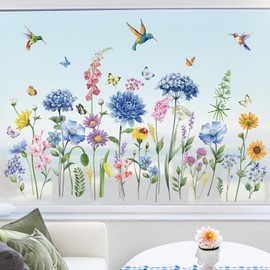 wondever Window Sticker Garden Flowers Window Sticker Hummingbird Blue Flowers Butterfly Window Stickers Anti-Collision Double-Sided Glass Sticker Spring Summer Glass Decoration