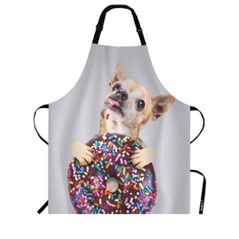 Beabes Dog Kitchen Bib Apron Funny Pug Dog Eating Chocolate Donut On Nose Polyester Adjustable Aprons For Outdoor BBQ Gardening 27" X 31" For Chef Waitress