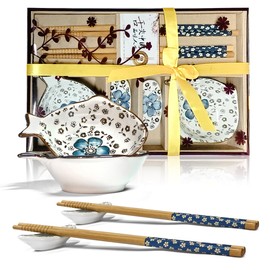 Finsink Sushi Crockery 2 People 6-Piece Ceramic Sushi Plate Set Blue White Delivered in High-Quality Gift Box as a Gift to Friends