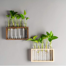 Kingbuy Wall Hanging Glass Planter Propagation Station Test Tube Vase Flower Pots in Vintage Wood Stand Rack with 5 Tabletop Terrarium Windowsill Accessory, Wedding, Kitchen (5 Test Tube, Brown Wood)