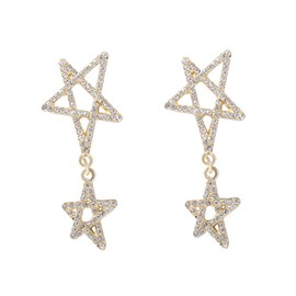 Rhinestone Double Star Dangle Drop Earrings for Women Gold-Toned Fashion Crystal Tassel Chain Dangling Stud Lightweight Delicate Birthday Holiday Jewelry (Clear CZ)