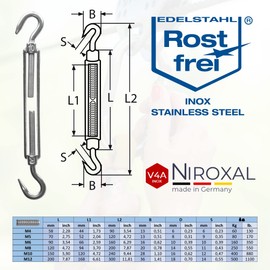 Stainless Steel Turnbuckle with Two Hooks Rust-Proof V4A According to DIN 1480 1478 Rope Tensioner Hook Screw Tensioner Tensioner M 8 mm Pack of 2