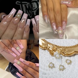 28 PCS Valentine Nail Art Charms Gold Metal Heart Nail Charms Shiny Nail Supplies with Rhinestones Pearls Luxurious Nail Accessories Jewelry for Women Valentine's Day DIY Nail Decorations Design