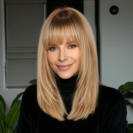 ELLORS Ombre Light Brown 16inch Human Hair Wigs for Women Shoulder Length Layered Real Hair Wig with Natural Look and Bangs