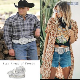 Women Men Western Rhinestone Studded Leather Belt Cowgirl Cowboy Bling Waist Belt for Jeans Dress, Silver,Fit Waist Size 32-36 Inches