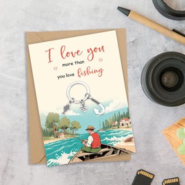 iuNMaogu Fishing Keychain With Funny Card - Key Chain Gifts for Dad Husband Boyfriend Birthday Christmas Valentines Gifts from Daughter Son Wife Girlfriend - I Love You More Than You Love Fishing