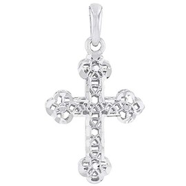 14k White Gold Textured Filigree Christian Orthodox Cross Charm Pendant, White Gold