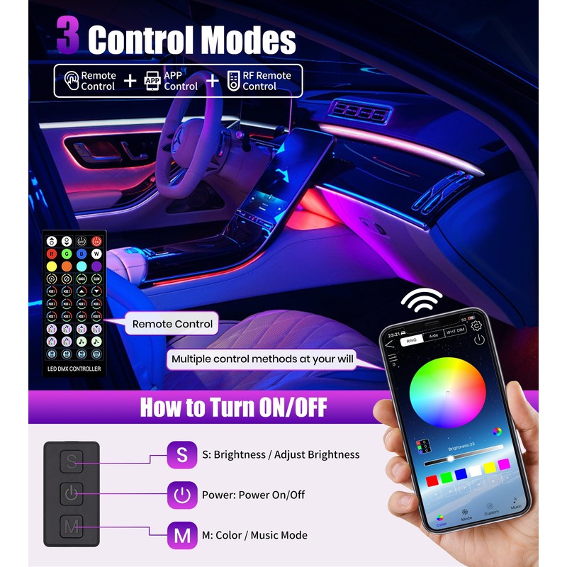 KENANEK 55.12inch Acrylic LED Lights for Car–6 Dreamcolor Interior Car