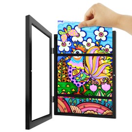 Goldonion Children's Art Frame Front Opening Fillable Picture Frame A4 Wooden Hinged Children's Drawings Picture Frame for School Home Children Art Projects (Black)