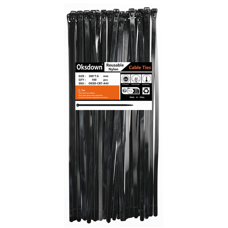 Oksdown 100 Pack Reusable Cable Ties Black 300mm×7.6mm Heavy Duty