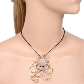 EVER FAITH Jewelry Rhinestone Crystal Lovely Paul Octopus Crown Pendant Necklace Iridescent Clear AB Gold-Tone