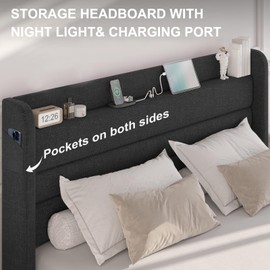 Flolinda Queen Bed Frame with Light, Linen Upholstered Wingback Queen Size Bed with Charging Port Headboard, Storage Shelf, No Box Spring Needed, Heavy Duty Noise Free, Easy Assembly, Dark Grey