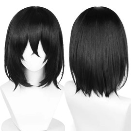 Gorgewg Short Black Wig for BSD Fyodor Dostoevsky Cosplay Wig Straight Roleplay Costume Wigs Synthetic Hair with Bangs for Women