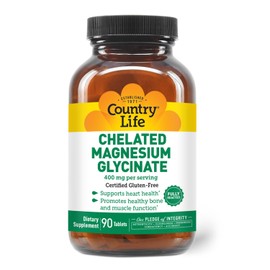Country Life Country Life Chelated Magnesium Glycinate 400mg, 90 Tablets, Certified Gluten Free, Certified Vegan, Certified Halal, Non-GMO Verified