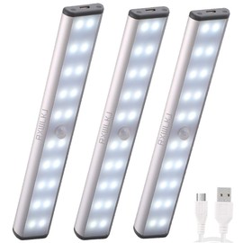 RXWLKJ Rechargeable Motion Sensor Led Lights Under Counter Closet Lighting Battery Operated Light Kitchen 20-Led Under Cabinet Lighting Closet Light Stick On Lights Wireless Night Light (3 Pack)