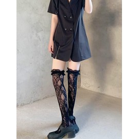 Eukkis Women's Over Knee Socks, 2 Pairs High Socks, Thigh High Socks, Cute Above Knee High Socks, Stocking, Long Socks, Elasticity, Anti-Slip, All over lace wisteria pattern Black/White