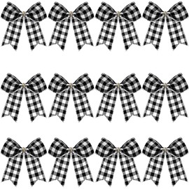 WILLBOND 12 Pieces Buffalo Plaid Bows Burlap Decorative Velvet Bows for Wreaths for Valentine Day Gift Wrap Party Decoration(Black and White,6 x 6 Inch)