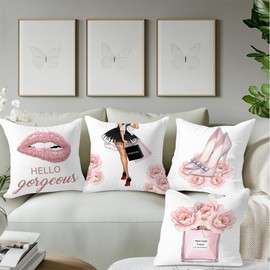 BQXH 4Pcs Pink Pillow Covers, Fashion Woman Watercolor Perfume High Heels Lipstick Throw Pillow Square Cushion Covers 18x18 inch Living Room Home Girls Room Decor for Car Bed Couch