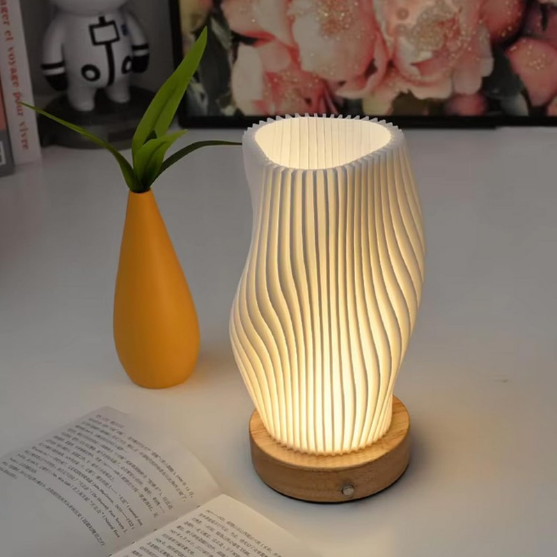 Table Bedside Lamp with Woodbase, Button Control Night Light for