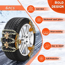 Tire Chains for Car/SUV/Pickup Trucks, 6 Pcs Snow Chains for Tire Width 225-285mm, Adjustable Universal Emergency Thickening Chains for Ice, Snow, Mud Road