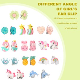 Bestomrogh 12 Pairs Kids Clip On Earrings for Girls, Cute Unicorn Flower Heart Rainbow Jewelry Dress Up Earrings, No Pierced Play Earrings Set for Kids