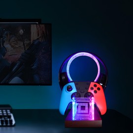 YuanDian Gamer Gifts for Teenage Boy, Desk Gaming Headset and Controller Stand with Blue Pink LED Night Light, Acrylic Wooden Controller Holder with PCB Pattern, Desk Decor Gift