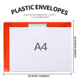 LEOBRO File Folders for Documents, 4 Pcs Plastic Folders with Pocket, Plastic Envelopes with Snap Closure, Reusable File Bags, for School & Office, A4 Size