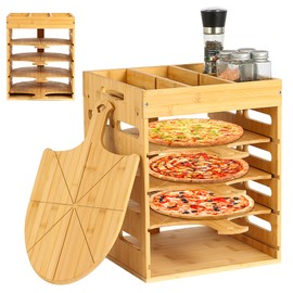 KWYADLUO Pizza Peel Rack Stand Wooden, 4 Pack of 12 Inch Pizza Peels Wood Non-Stick, Pizza Peel Rack Holder with Top Storage Free Container Divider, Cutting Grooves for Easy Pizza and Bread Making