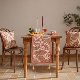 ISAENNE Designer Elegant Linen Table Runner 118 Inches, Vintage Orange Paisley Pattern Table Runners for Dining Tables,Decoration for Thanksgiving,Parties,Christmas,Banquet,New Year,16"x118"