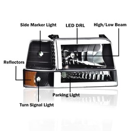 CROSSDESIGN LED DRL Headlights Compatible With Ford F150 F250 F350 Bronco 1992-1996 bumper Headlamp Clear lens Black Housing Amber Reflector