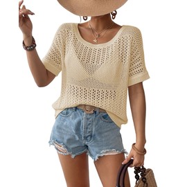 Bsubseach Crochet Tops for Women Short Sleeve Cover Ups for Swimwear Women Knit Hollow Out Sweater Mesh Top 2025 Apricot M