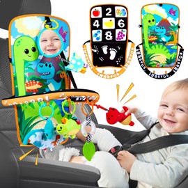 Innofans Baby Car Seat Toys with Dinosaurs Toys - Kick and Play Double Sided Infant Car Seat Toys with Plush Toys, Mirror, Teether for Baby, Baby Travel Activities, Newborn Toys, Infant Toys