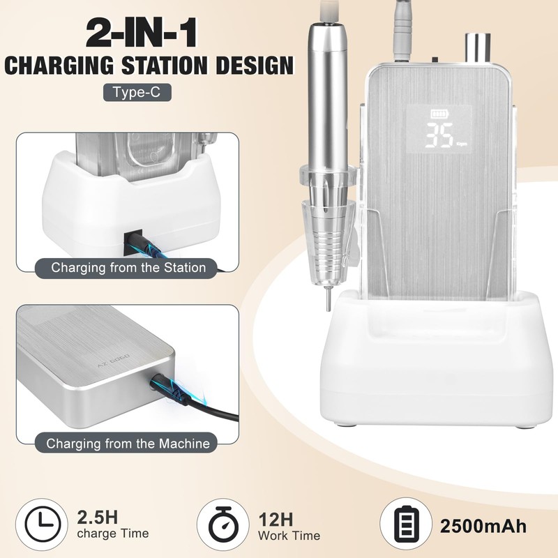 Professional Nail Drill Machine, 2-in-1 AZ GOGO 35000RPM Rechargeable Portable