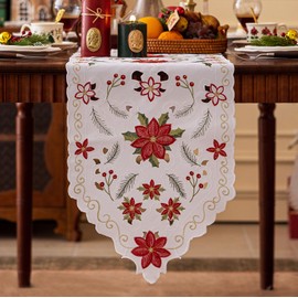 Joyfol - Camino de mesa de flores de Navidad, 14 x 86 pulgadas, bordado de flores de pascua, hojas de acebo, mesa de flores de invierno para decoraciones de fiesta de Navidad