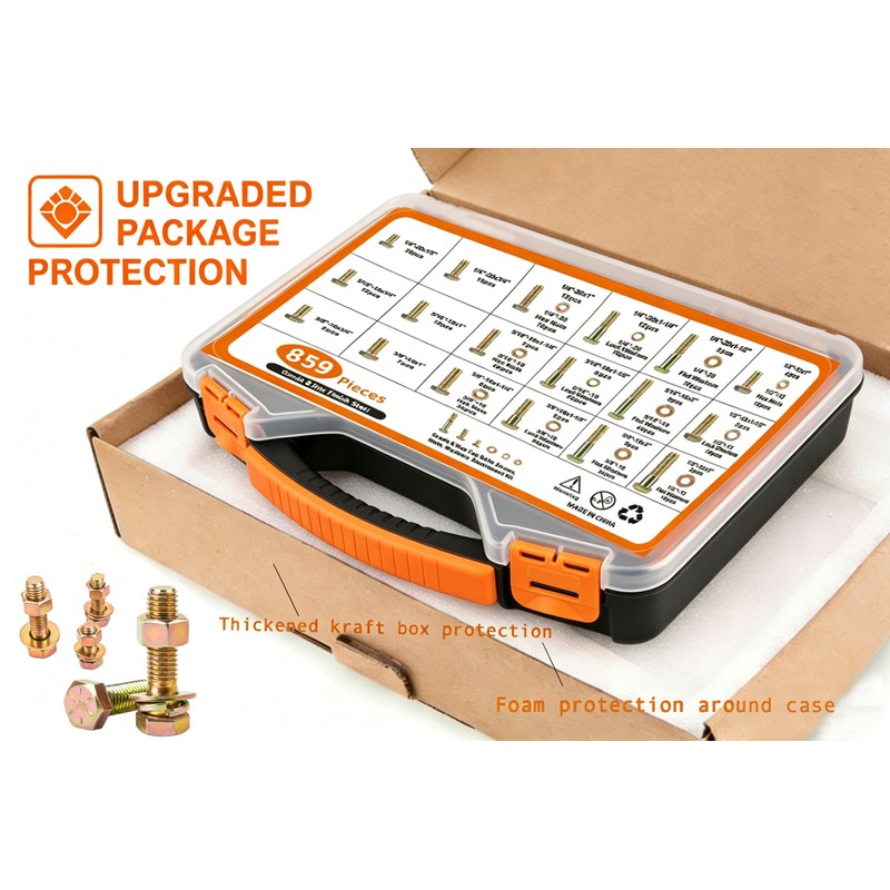 859PCS Grade 8 SAE Bolt Assortment Kit with Storage Box,