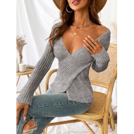 CUPSHE Womens Jumper Long Sleeve V Neck Casual Ribbed Knit Wrap Sweater Top for Autumn Winter Grey M