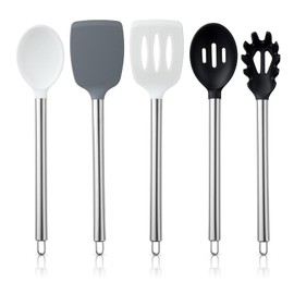 Utensilios de cocina de silicona para cocinar con color, juego de 5 utensilios de cocina, utensilios de cocina de silicona fáciles de limpiar, utensilios de cocina antiadherentes, juego de utensilios de cocina (blanco y negro)