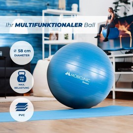 Mobiclinic, Gymnastic Ball for Fitness, Sports, Exercise Ball, European Brand with Inflation Device, PY-01, 58 cm, Non-Slip, Puncture Resistant, Washable, Training, Colour Blue