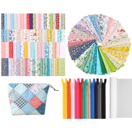 Fanfanwin 140 Pcs Floral Fabric Pieces and Sewing Zippers Set, 103 Pcs 10'' x 10'' Cotton Squares Bundles with 36 Pcs Nylon Zippers 5.5 Yards Nonwoven Fabric for Quilted Pouch Craft DIY