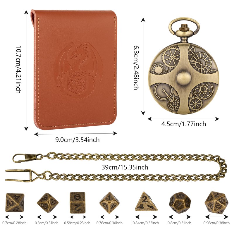 Mini DND Dice Set Bronze Steampunk Gear Pocket Watch Case