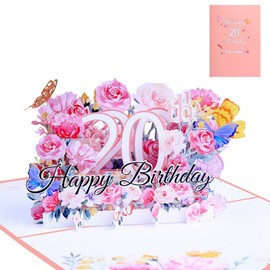 Happy 20th Birthday Pop Up Greeting Card, GLADPRESIT Creative Flowers 3D Birthday Card with Blank Note, Pop Up Cards for Girls, Women, Friends 18 × 13cm