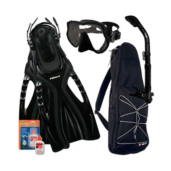 Promate Snorkeling Scuba Dive Frameless Mask Fins Dry Snorkel Gear Bag Set, Bk/Bk, S/M(5-8)
