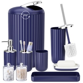 XLHOMO 9PCS Nave Blue Bathroom Accessories Set Complete with Trash Can, Vanity Tray, Soap Dispenser, Soap Dish, Toothbrush Holder, Toothbrush Cup, Toilet Brush and Qtip Holders