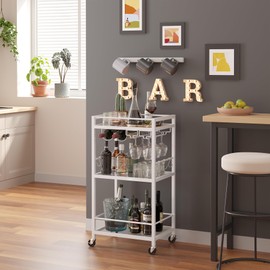 TUTOTAK Bar Cart, Home Bar Serving Cart, Microwave Cart with 3-Tier Mirrored Shelf, Drink Cart, Mobile Kitchen Shelf with Wine Rack, Rolling Beverage Cart BC01BW033