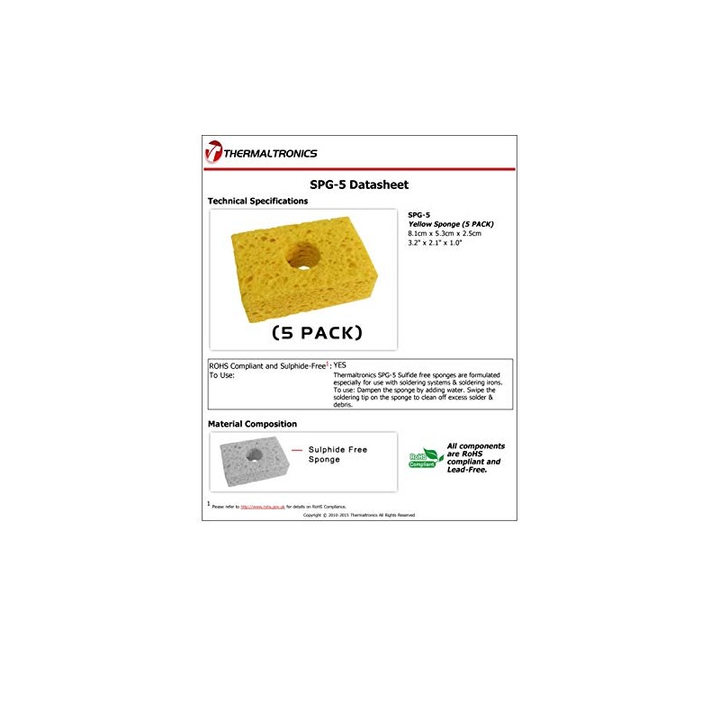 Thermaltronics SPG-5 Yellow, Soldering Sponge, (3.2" X 2.1") (5 Pack)