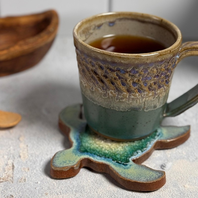 Dock 6 Pottery Sea Turtle Coaster with Fused Glass, Textured