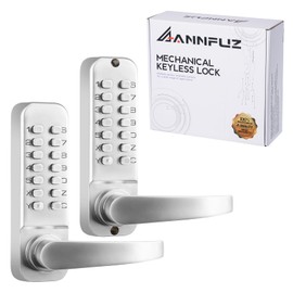 ANNFUZ Mechanical Keyless Entry Door Hanldle Lock with Keypad,Double-Sided Push Button Passcode Opening,Interior Exterior Combination Front Door Lever Lock Set for Gates,Fences,No Battery(Silver)