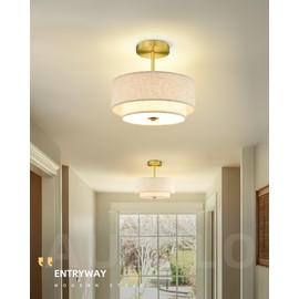AUTELO Semi Flush Mount Ceiling Light, 12" Gold Light Fixtures Ceiling Mount in Brushed Gold Finish with Drum Fabric Shade for Hallway Bedroom Kitchen, C2506 BG-12