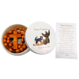St Francis Rosary Set Wood Beads and Wooden Cross in a Case with Holy Patron Saint of Pets Prayer Card